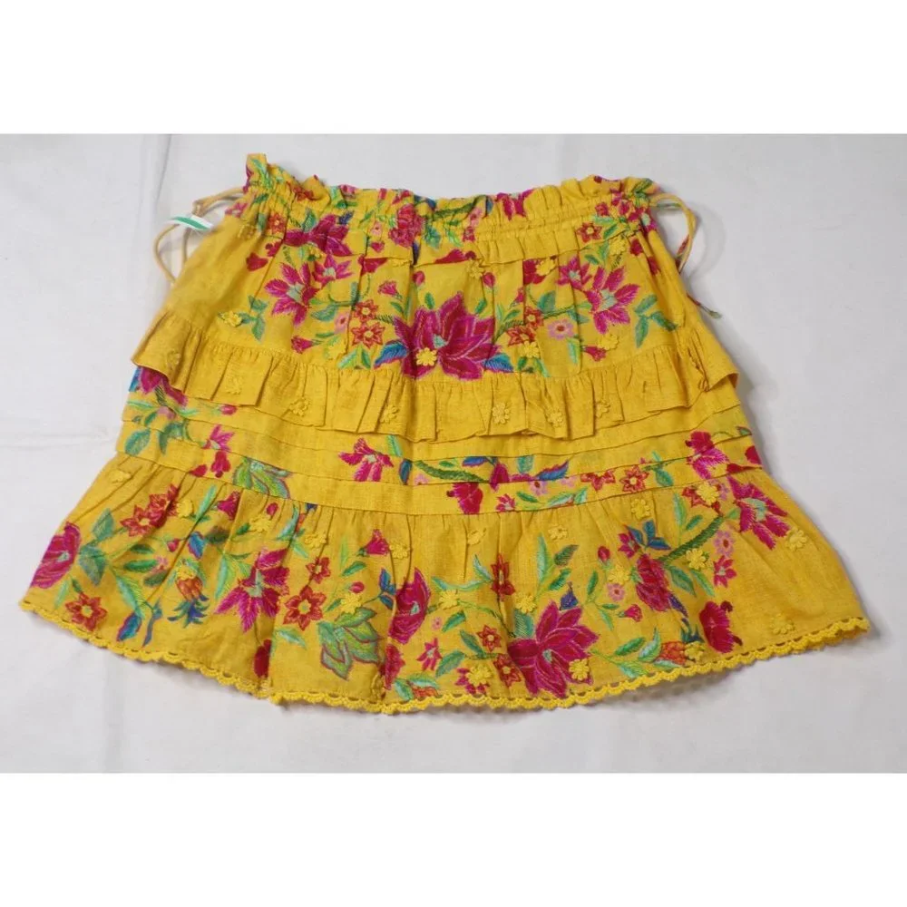 🆕 FARM RIO Flower Dream Tiered Cotton Mini Skirt Yellow Small - Picture 10 of 11